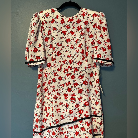 Vintage Dress white red black floral print, tiered skirt, shoulder pads, sz 12 - Picture 2 of 11